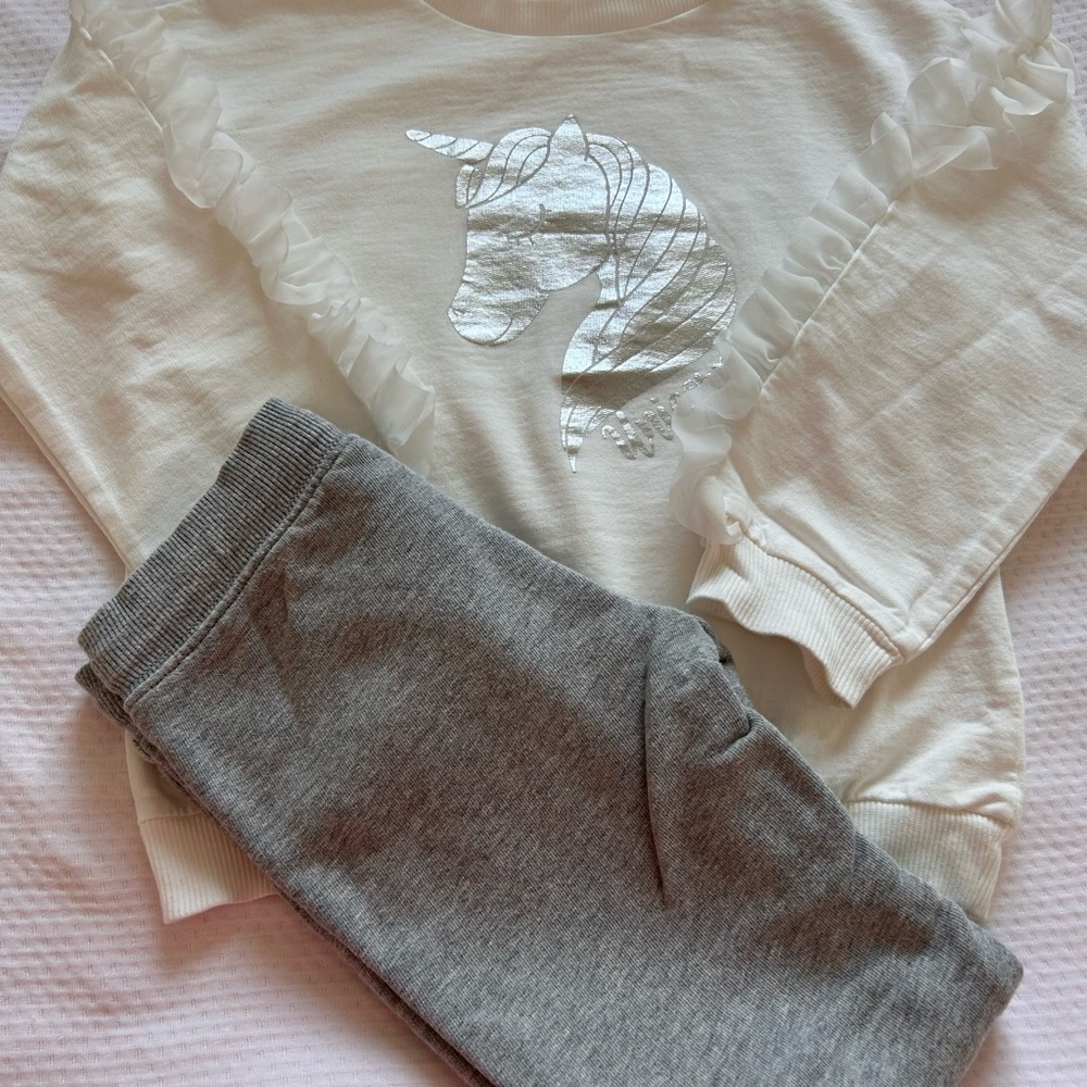 Unicorn Sweatshirt Cream Color and Silver Unicorn  and Gray Pants Set